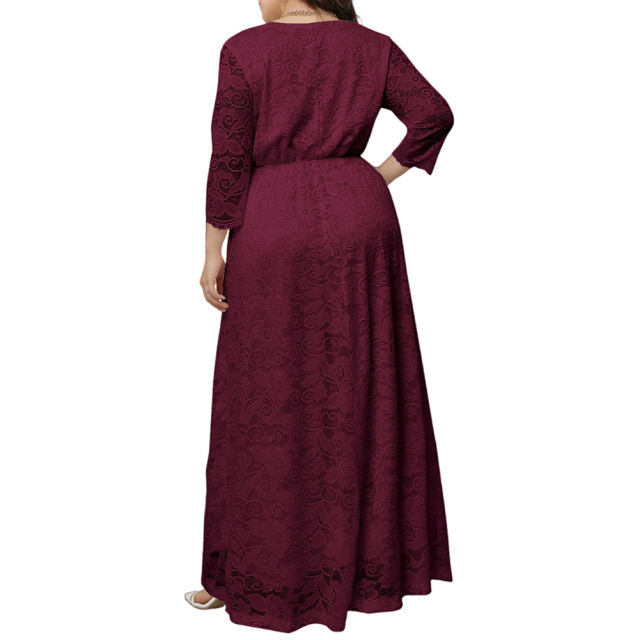Burgundy V-Neck Lace Plus Size Dress TQK310997-23
