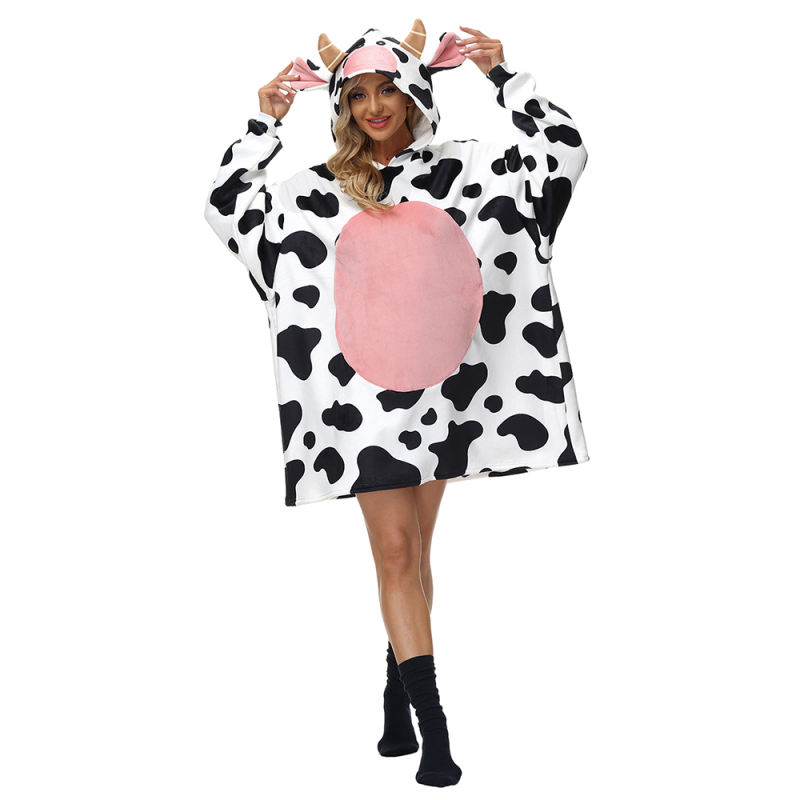 Black White Cow Cartoon Print Blanket Hoodie TQK230364-37