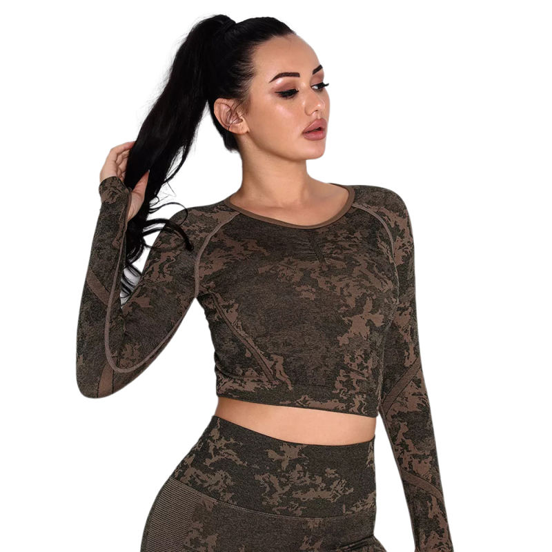Yellow Camo Knit Seamless Long Sleeve Pant Yoga Set TQE91362-7
