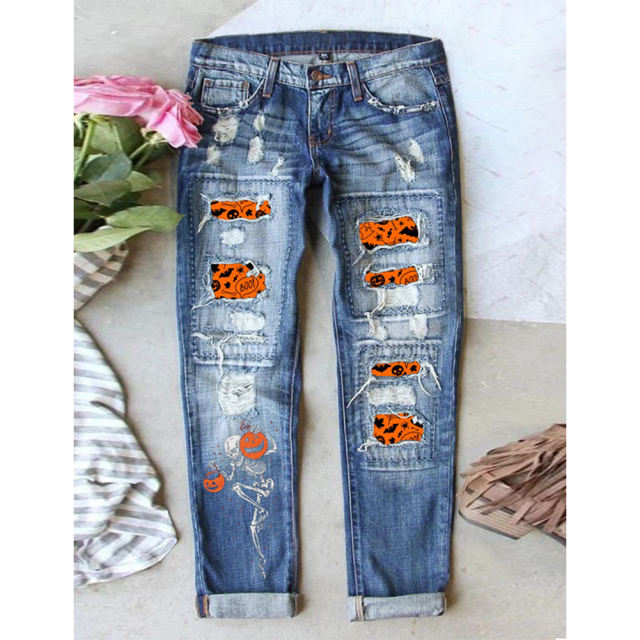Blue Halloween Print Washed Ripped Wide Leg Jeans TQF511012-68