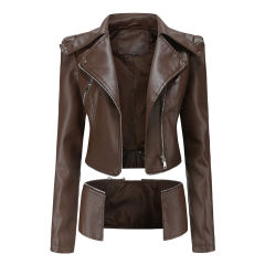 Coffee Removable Hem Leather PU Leather Jacket TQK280125-15