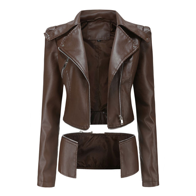 Coffee Removable Hem Leather PU Leather Jacket TQK280125-15