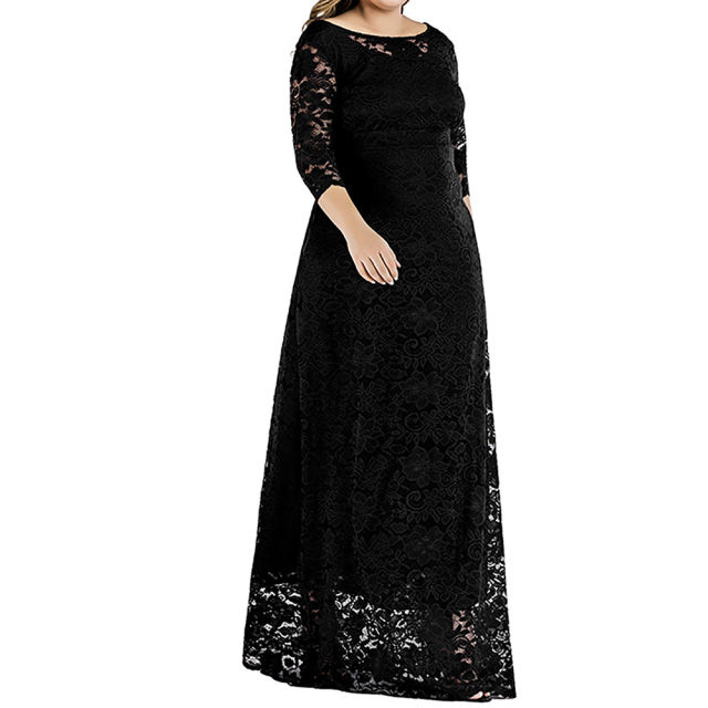 Black 3/4 Sleeve High Waist Lace Plus Size Dress TQK310976-2