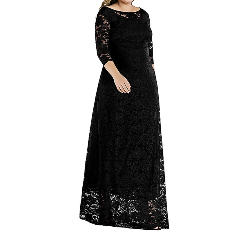 Black 3/4 Sleeve High Waist Lace Plus Size Dress TQK310976-2