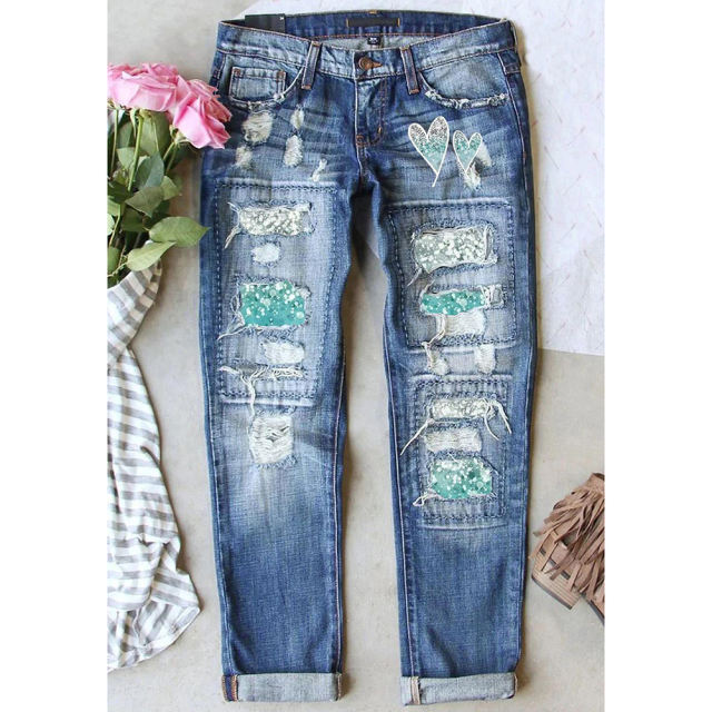 Blue Printed Patchwork Straight Leg Jeans TQF511013-68