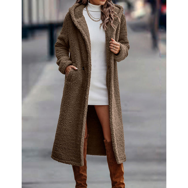 Khaki Open Front Long Sleeve Hooded Fleece Coat TQK280217-21