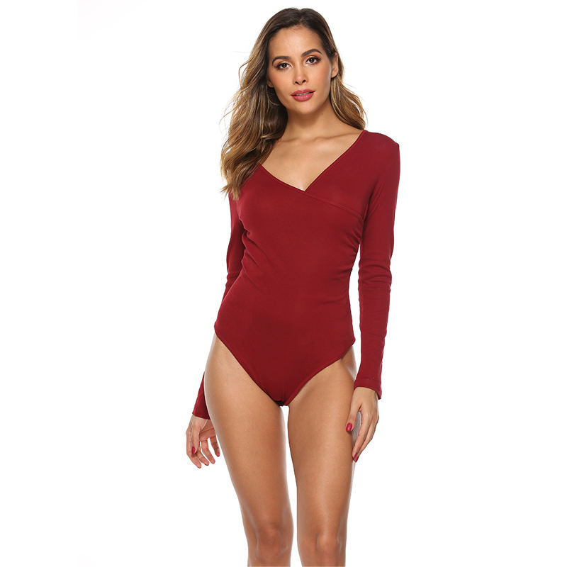 Wine V Neck Long Sleeve Bodysuit TQK550147-103