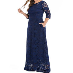 Navy Blue 3/4 Sleeve High Waist Lace Plus Size Dress TQK310976-34