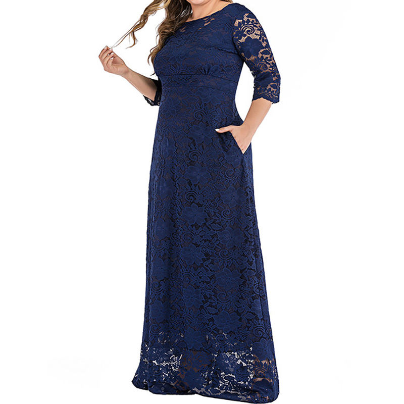 Navy Blue 3/4 Sleeve High Waist Lace Plus Size Dress TQK310976-34