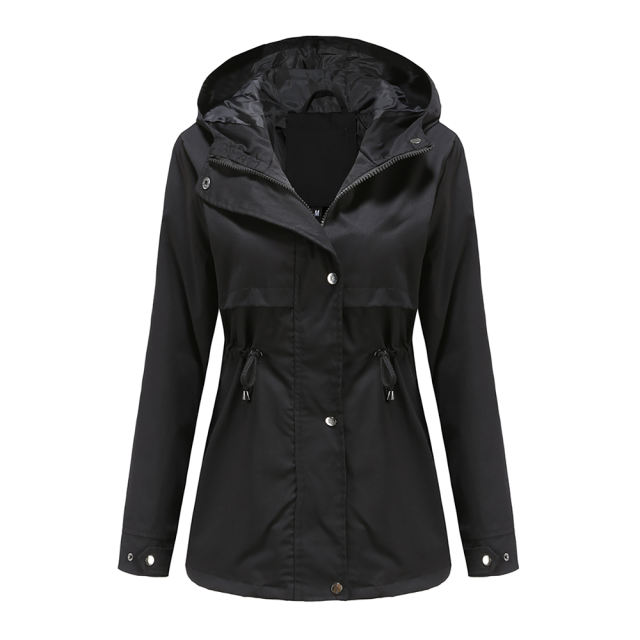 Black Waist Drawstring Hooded Outdoor Rainproof Coat TQK280126-2