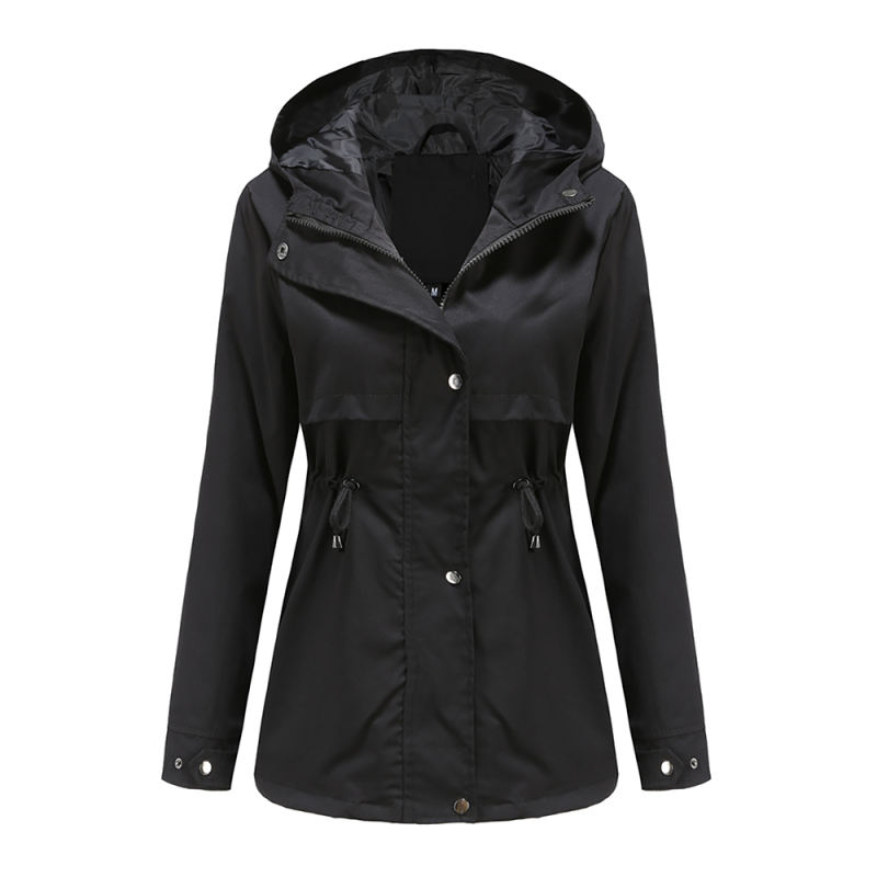 Black Waist Drawstring Hooded Outdoor Rainproof Coat TQK280126-2