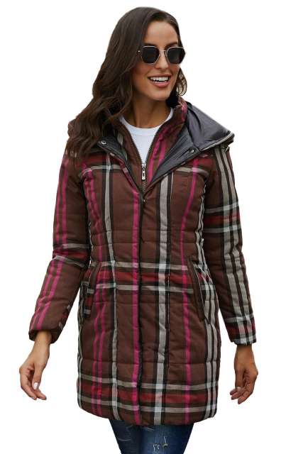 Brown Vintage Plaid Cotton Quilted Trench Coat LC85189-17
