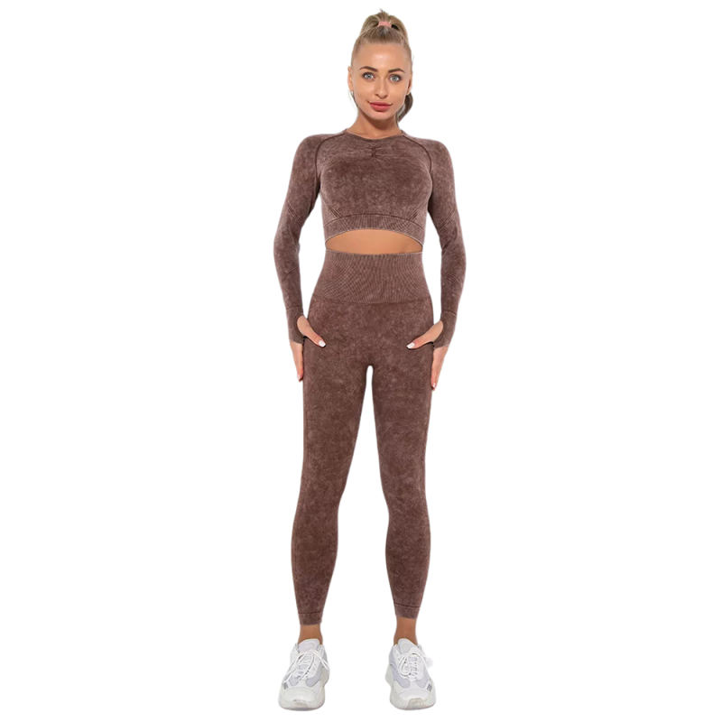 Coffee Nylon Seamless Long Sleeve Pant Yoga Set TQE91361-15