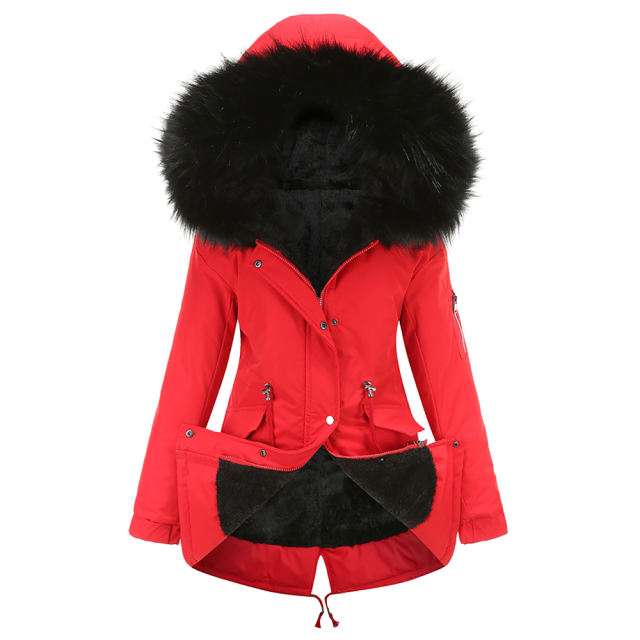 Red Fur Collar Drawstring Waist Warm Hooded Parka Coat TQK280130-3