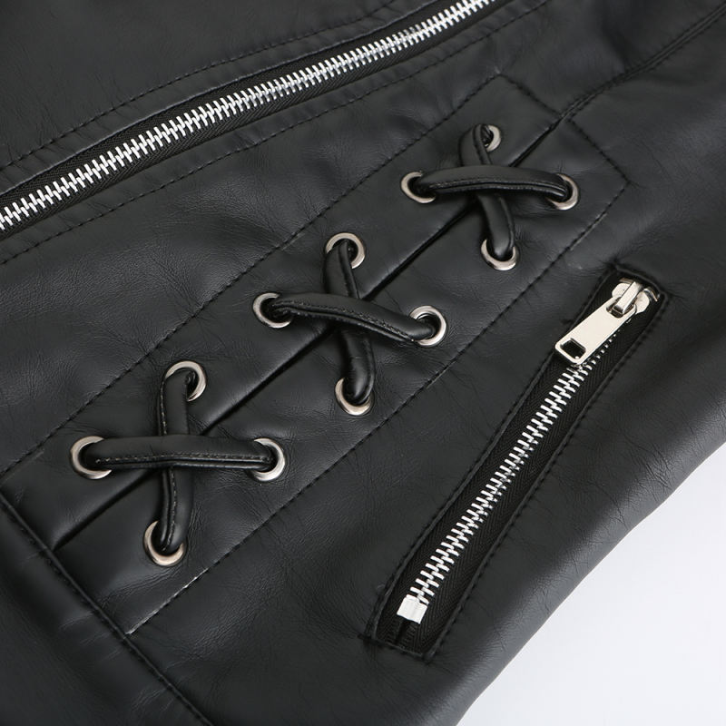 Black Zipper &amp; Bandage PU Leather Jacket TQK280142-2