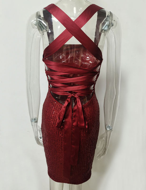 Burgundy  Halter Neck Slim Fit Sequined Dress TQK310963-23