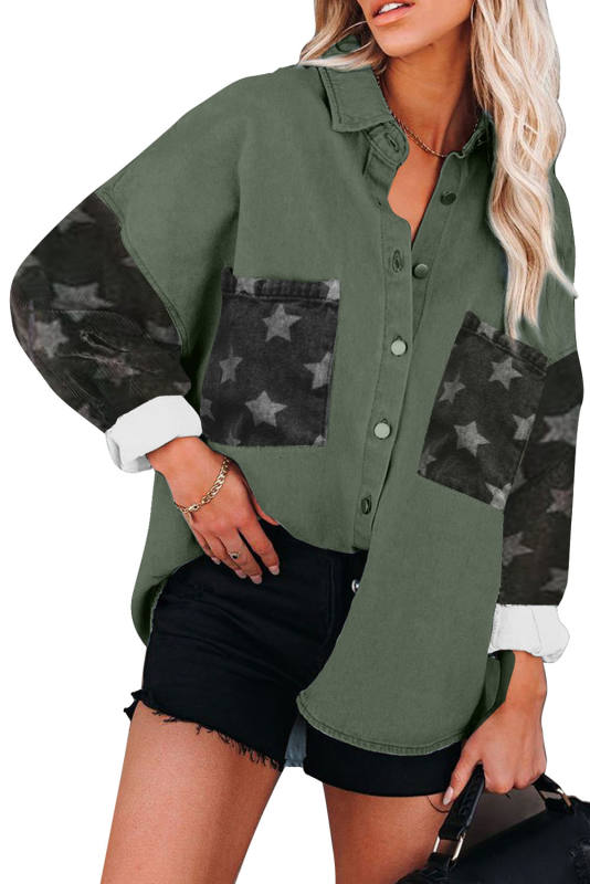 Green Star Print Patchwork Button-up Jacket LC8511911-109