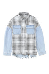 Sky Blue Plaid Patchwork Fringed Flap Pockets Denim Jacket LC854131-4