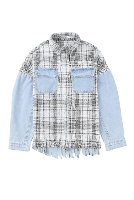 Sky Blue Plaid Patchwork Fringed Flap Pockets Denim Jacket LC854131-4