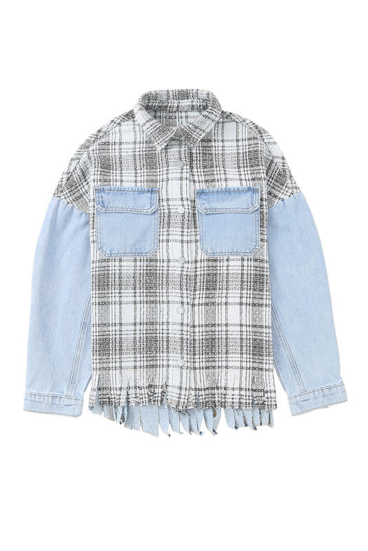 Sky Blue Plaid Patchwork Fringed Flap Pockets Denim Jacket LC854131-4