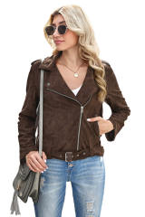 Brown Lapel Collar Zip-up Suede Coat LC8511754-17