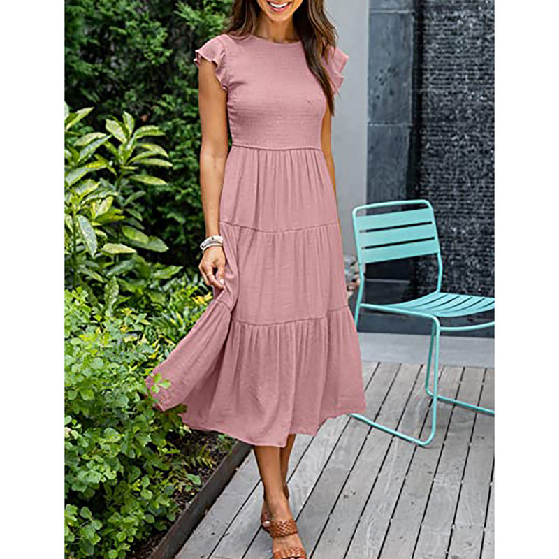 Pink Ruffled Sleeve Pleated Layered Casual Dress TQV310008-10