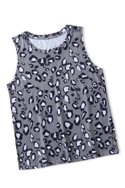 Gray Leopard Print Crew Neck Tank Top LC2565188-11