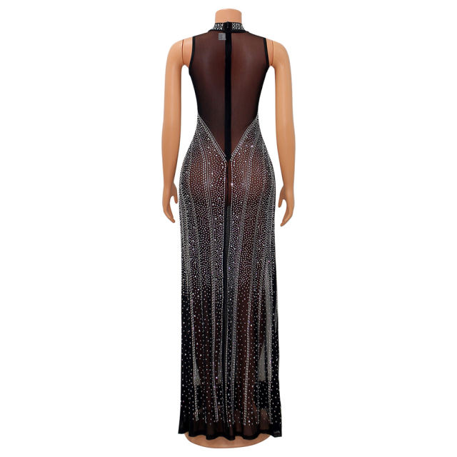 Black Rhinestones Mesh Stand Neck Party Dress  TQK311258-2