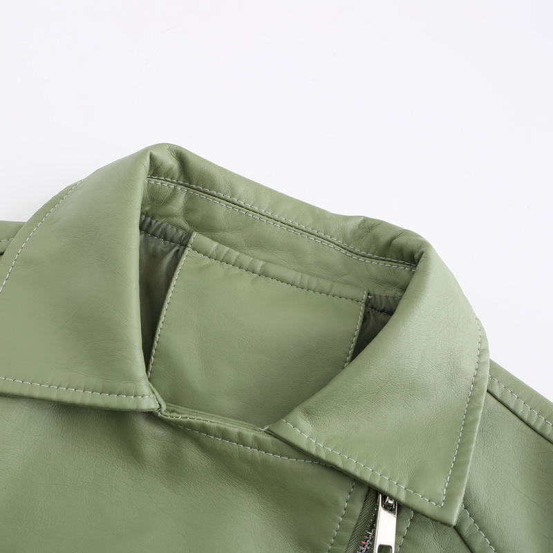 Light Green Zipper &amp; Bandage PU Leather Jacket TQK280142-28