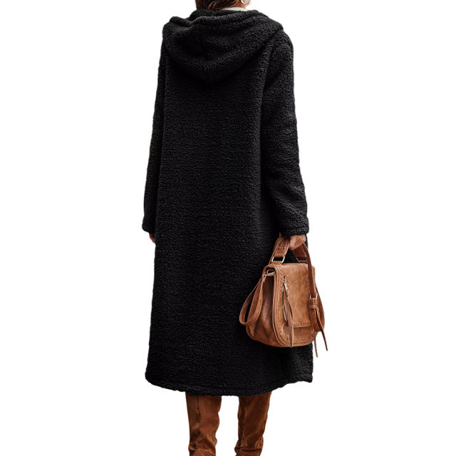 Black Open Front Long Sleeve Hooded Fleece Coat TQK280217-2
