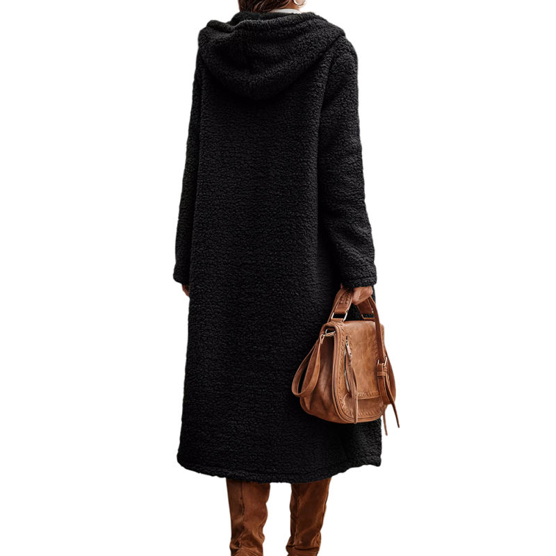 Black Open Front Long Sleeve Hooded Fleece Coat TQK280217-2