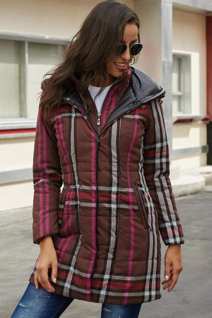 Brown Vintage Plaid Cotton Quilted Trench Coat LC85189-17