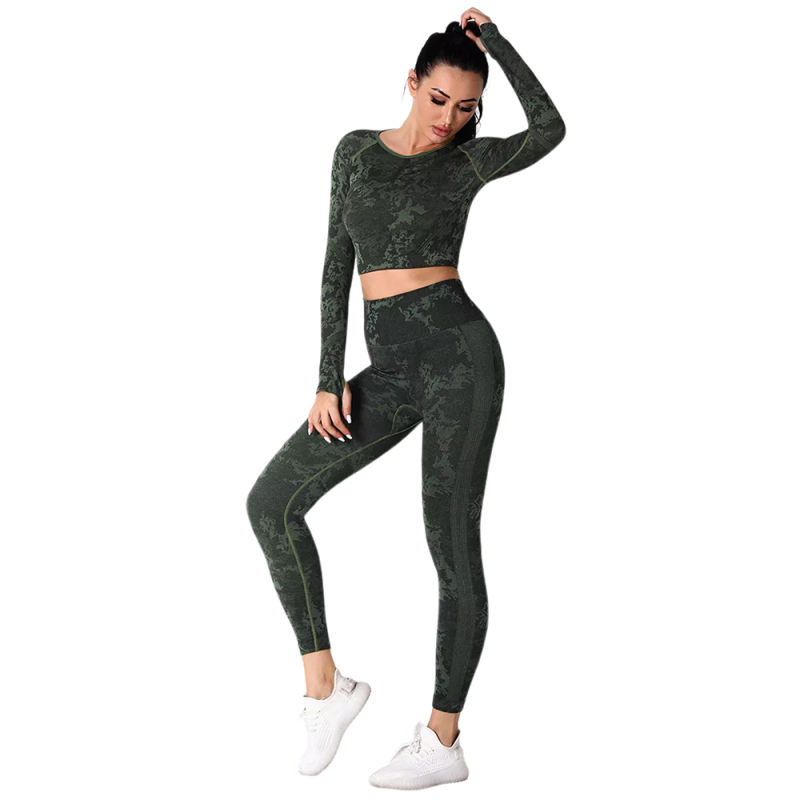 Army Green Camo Knit Seamless Long Sleeve Pant Yoga Set TQE91362-27