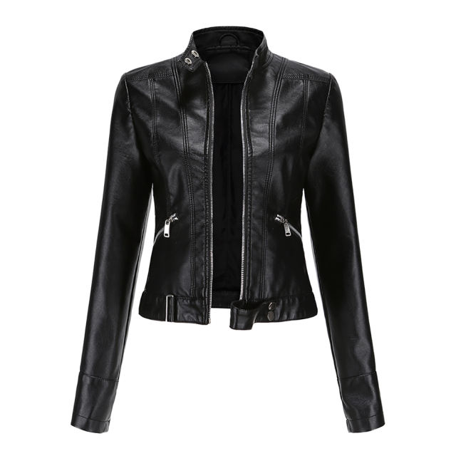 Black PU Stand Collar Short Leather Jacket TQK280124-2
