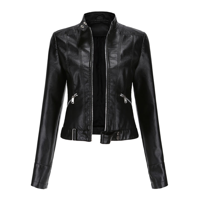Black PU Stand Collar Short Leather Jacket TQK280124-2