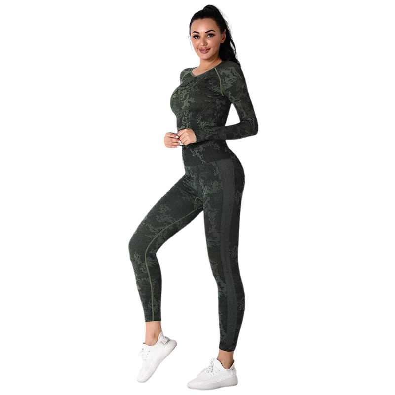 Army Green Camo Knit Seamless Long Sleeve Pant Yoga Set TQE91362-27