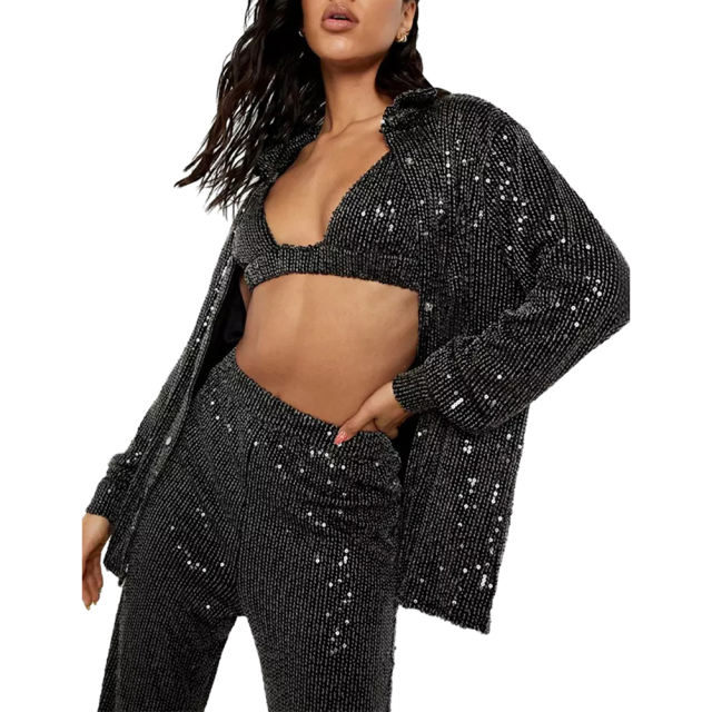 Black Sequined Shirt with Pant and Bra 3pcs Set TQF711062-2