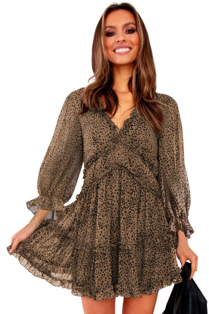 Leopard Ruffle Detailing Open Back Floral Dress LC220829-20