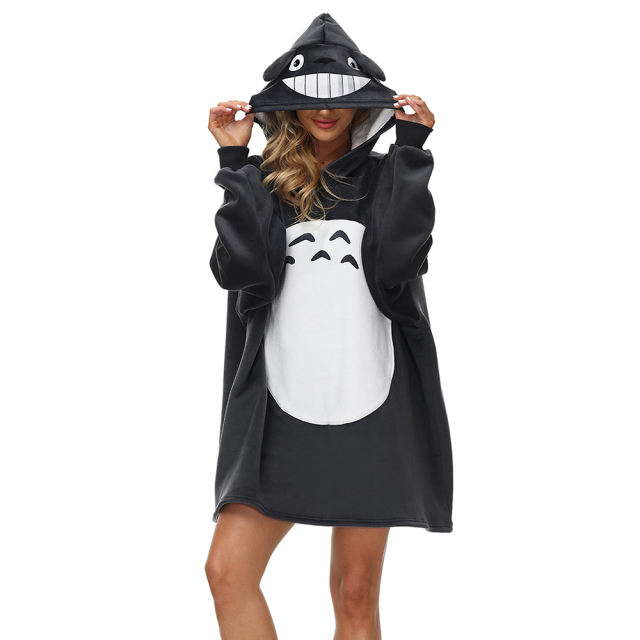 Dark Gray Totoro Cartoon Print Blanket Hoodie TQK230373-26