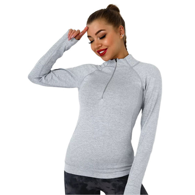 Light Gray Quick Dry Zipper Knit Tight Yoga Tops TQE91363-112