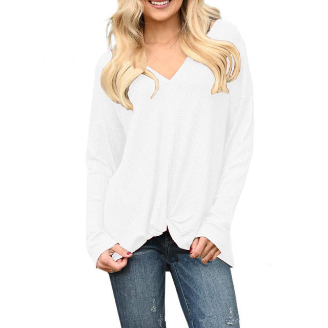 White V Neck Front Twist Long Sleeve Tops TQK210183-1
