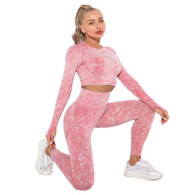 Red Nylon Seamless Long Sleeve Pant Yoga Set TQE91361-3