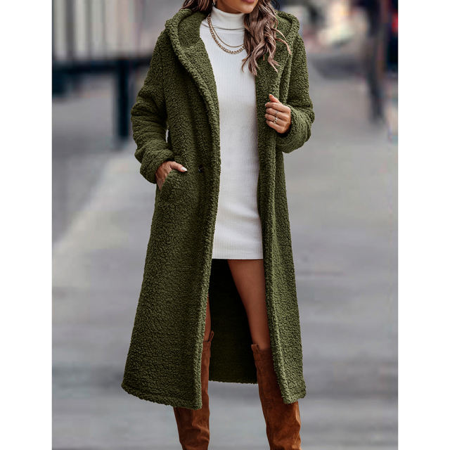 Army Green Open Front Long Sleeve Hooded Fleece Coat TQK280217-27