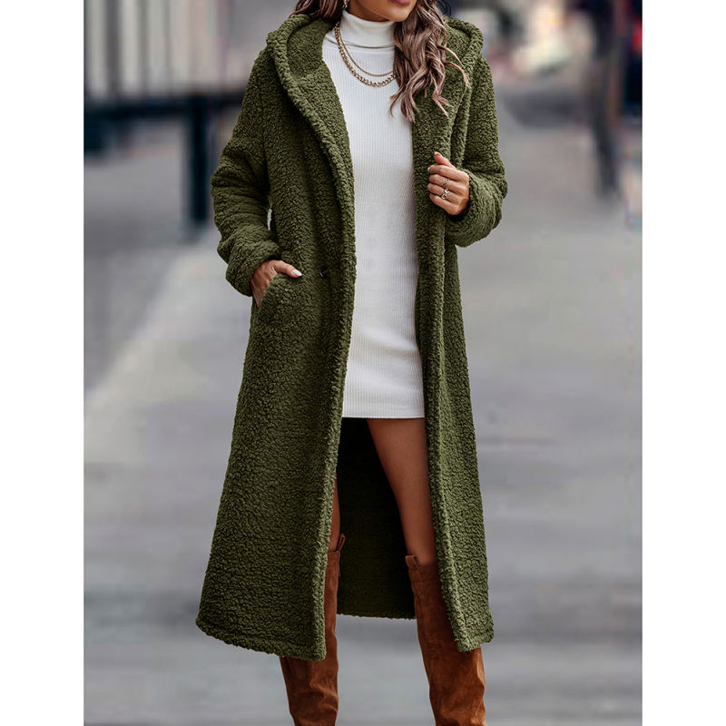 Army Green Open Front Long Sleeve Hooded Fleece Coat TQK280217-27