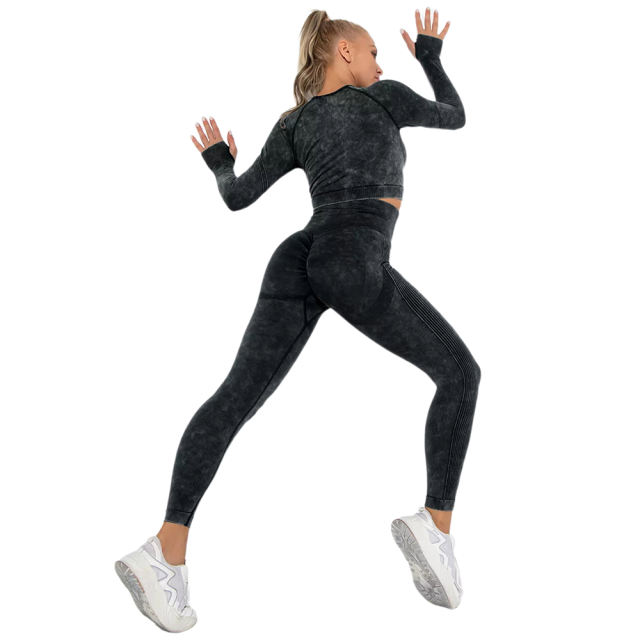 Black Nylon Seamless Long Sleeve Pant Yoga Set TQE91361-2