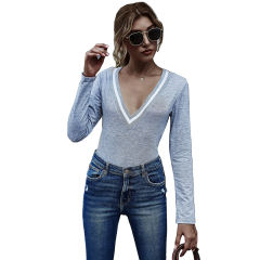 Gray Cotton Blend V Neck Bodysuit TQK550198-11