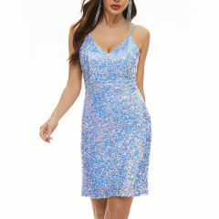Light Blue Spaghetti Straps V Neck Sequin Dress TQK311107-30
