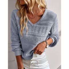 Blue V Neck Hollow-out Long Sleeve Sweater TQV270058-5
