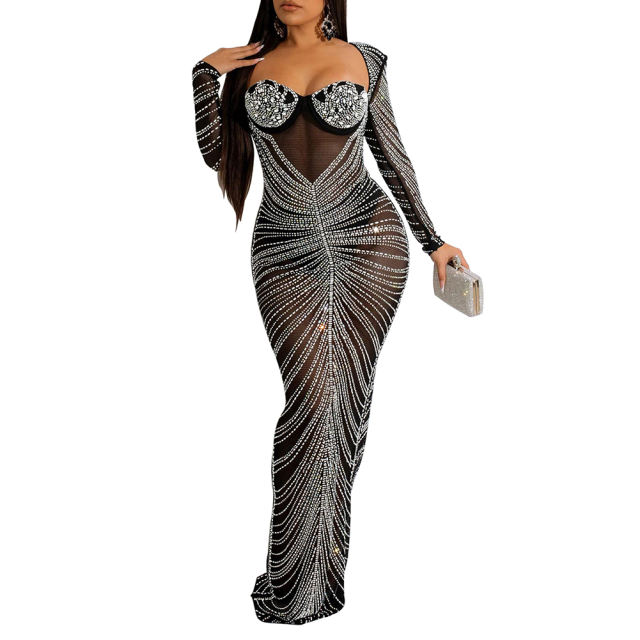 Black Padded Rhinestone Mesh Long Sleeve Maxi Dress TQK311267-2