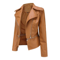 Camel Removable Hem Leather PU Leather Jacket TQK280125-58